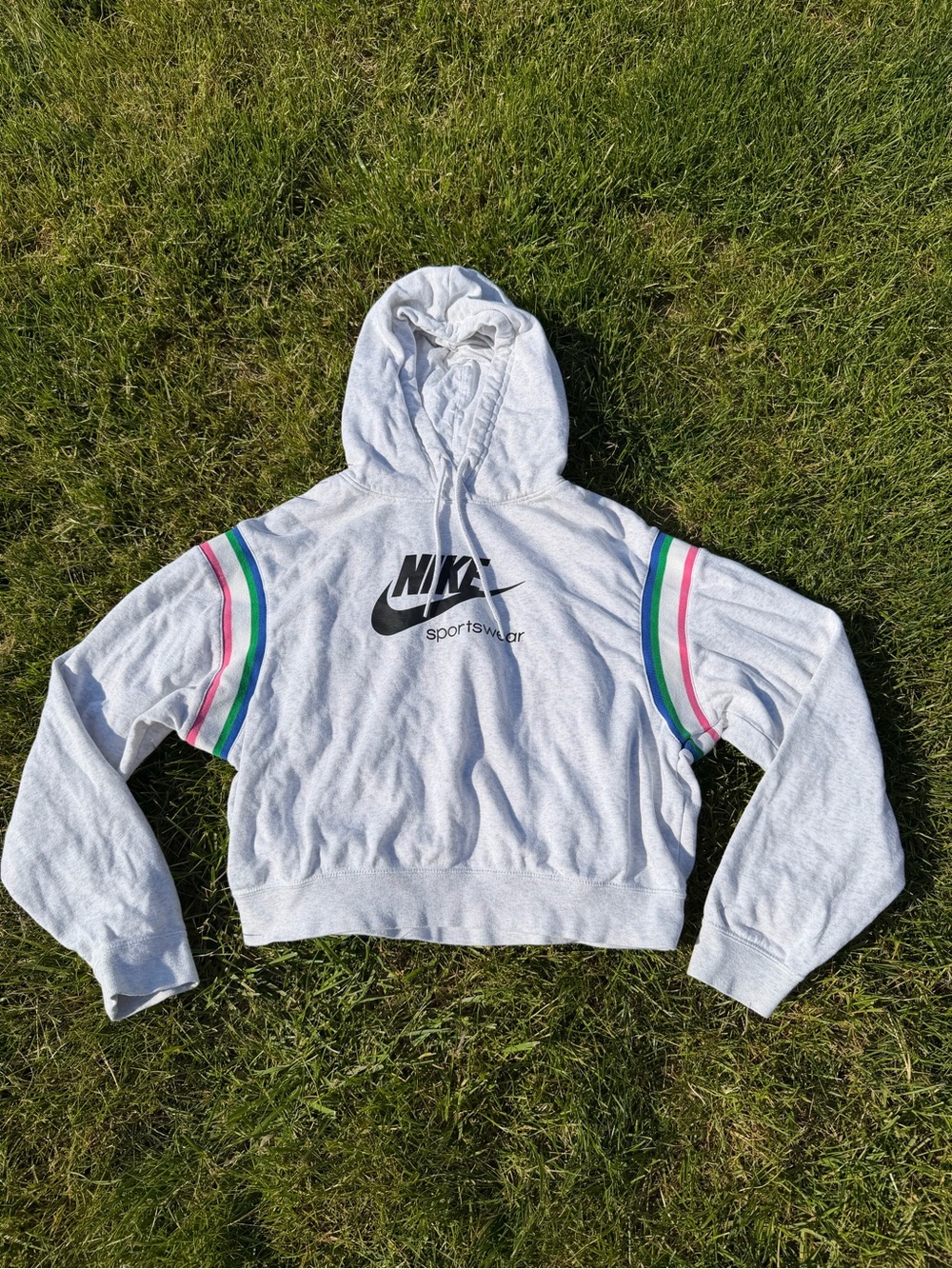 Nike Sportswear Heritage Grey Hooded Sweatshirt w/ Color Stripe Womens Small
